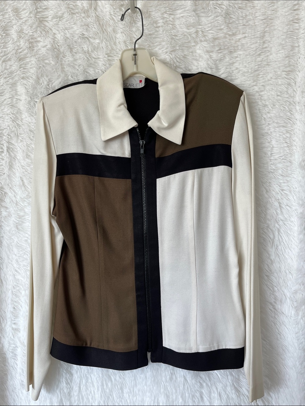 Scarlett Colorblock Zip Jacket in Cream, Brown & Black